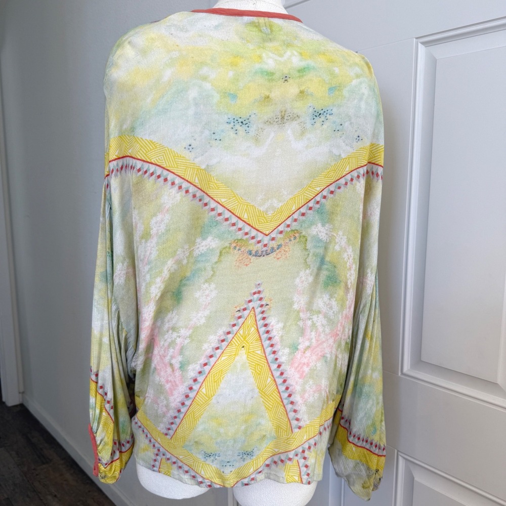 Anthropologie Kimono Cardigan OS Green Yellow Watercolor Boho Artsy whimsical - Picture 4 of 9